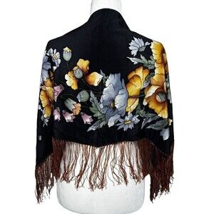 Vtg Pavlovo Posad Russian Shawl Scarf With Tassels 100% Silk Black Floral